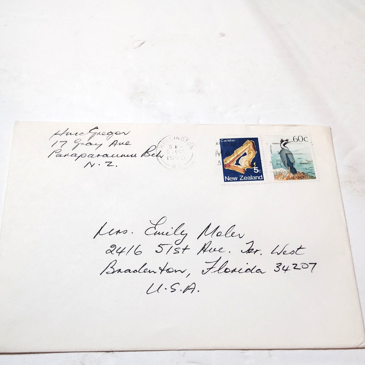 New Zealand 1990 Postal Cover 5c Carnelian 60c Spotted Shag Stamps to USA