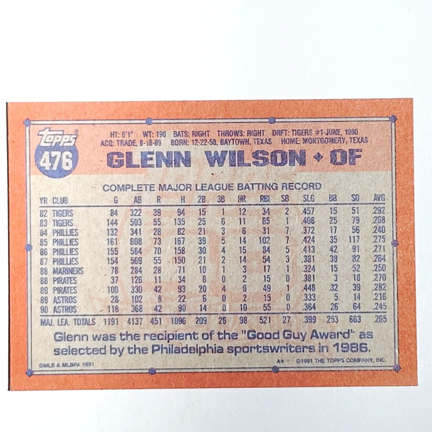 1991 Topps Glenn Wilson #476 Astros OF Veteran Slugger Houston Fan Fave VG/EX