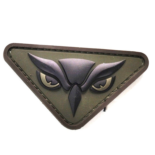 MSM Owl Head PVC Morale Patch Novelty Black on Green 3" × 1‑3/4" Hook Back