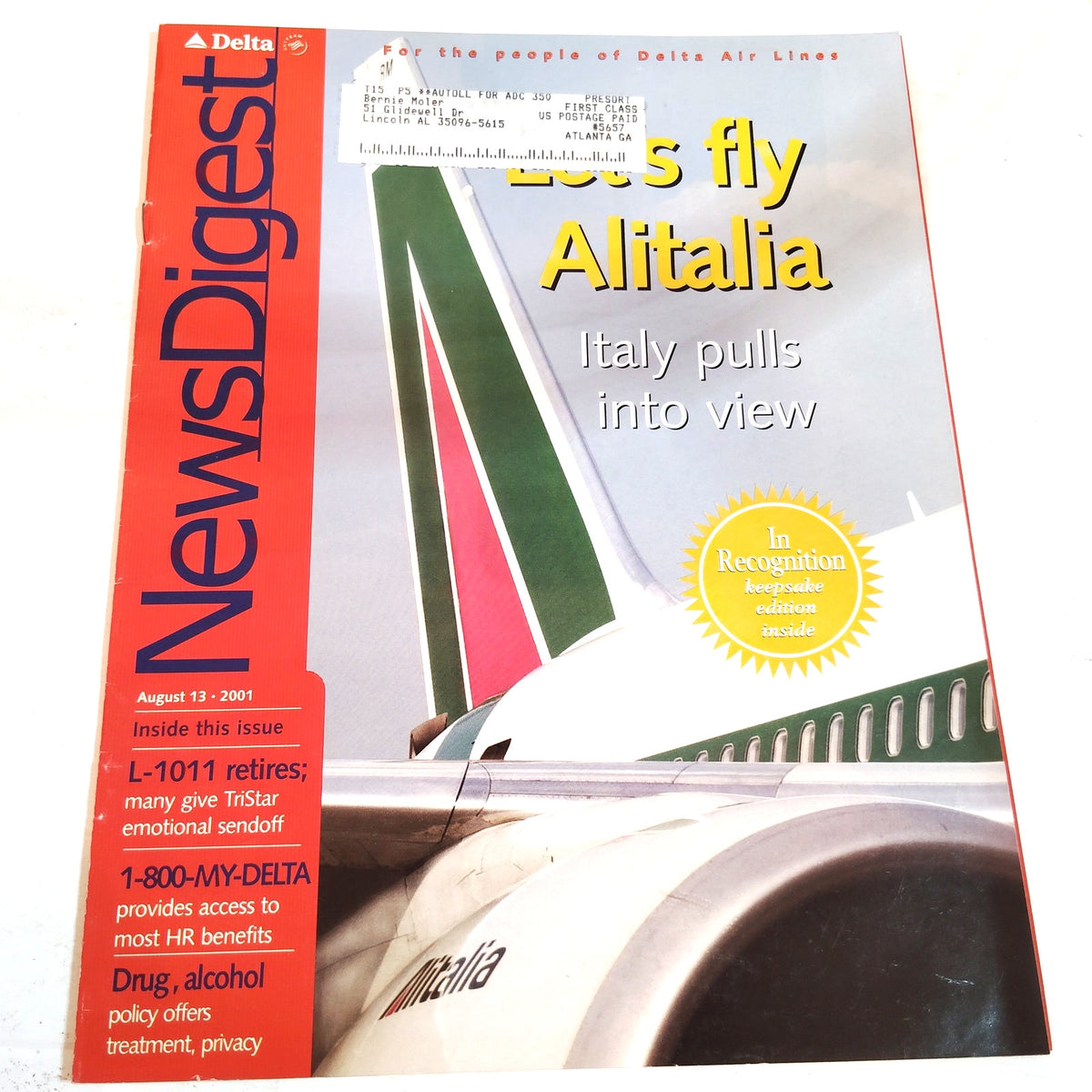 Delta News Digest Magazine 08/13/2001 - Alitalia Italy Pulls Into View