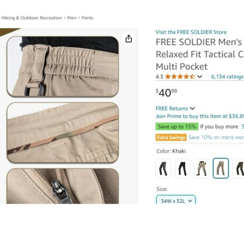 FREE SOLDIER Water Resistant Relaxed Fit Tactical Cargo Pants, 34W x 32L