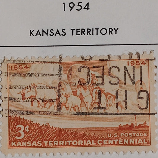 1954 3¢ Kansas Territorial Centennial Stamp – Scott #1061 – Covered Wagon & Oxen