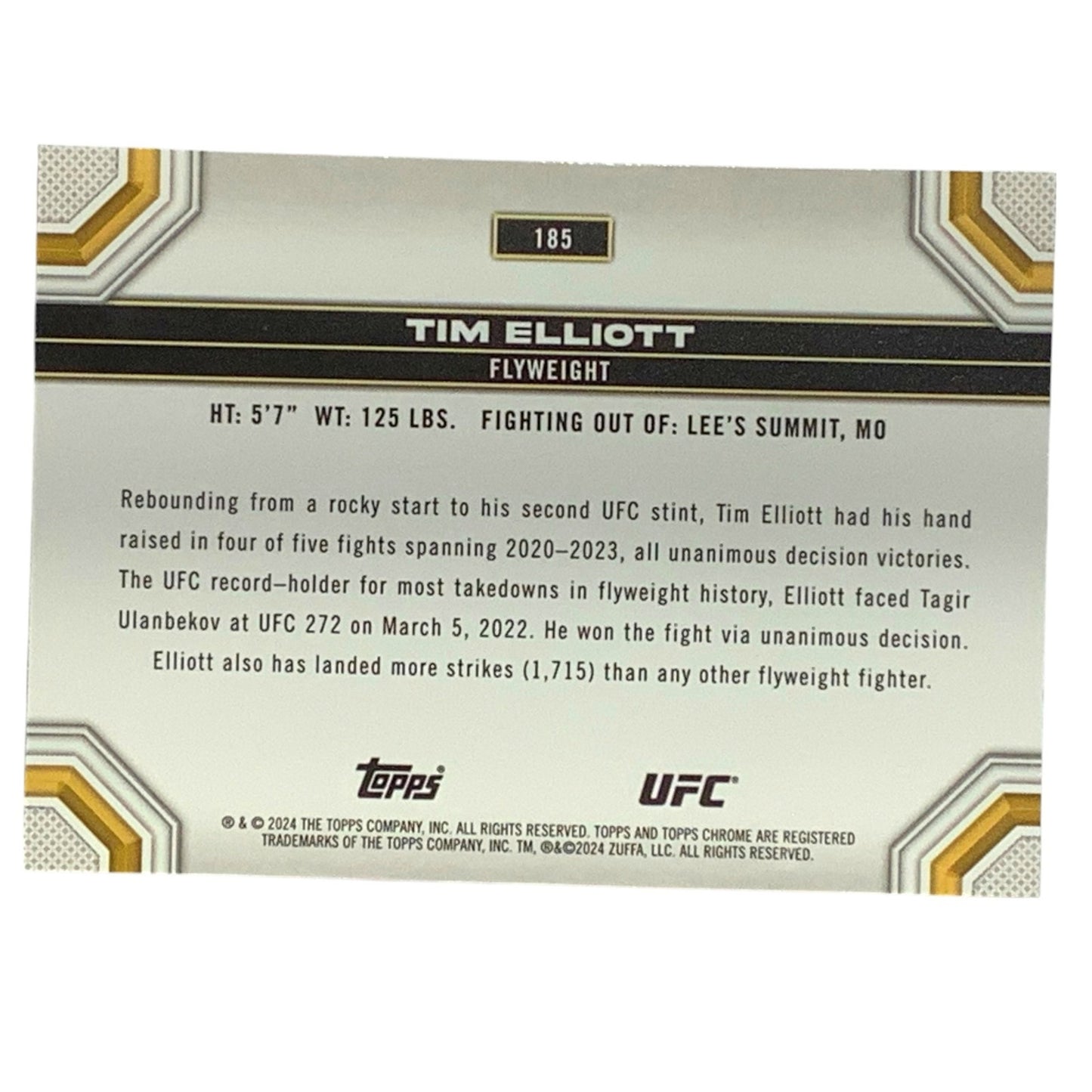 Tim Elliot, UFC Flyweight, Card 185, 2024 Topps Chrome UFC, NM+