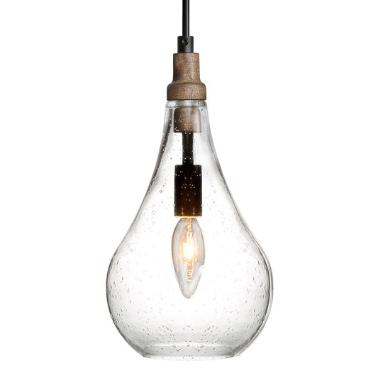 Farmhouse Pendant 1-Light Rustic Coastal Light, Seeded Glass w/ VTG Wood Base