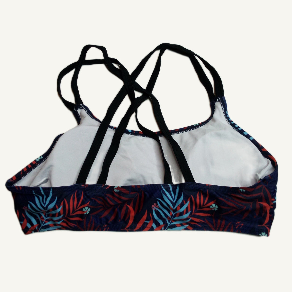 Blue Red Tropical Leaf Print Crisscross Back Bikini Top L Swimwear