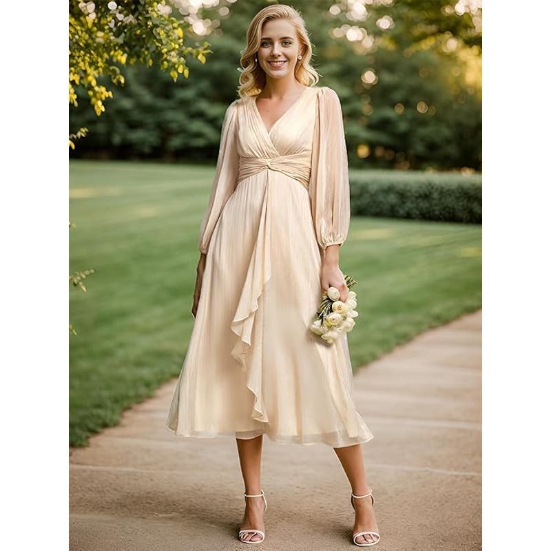 Ever-Pretty Elegant A Line Ruched V Neck L/S Tea-Length Dress, Champagne, 8
