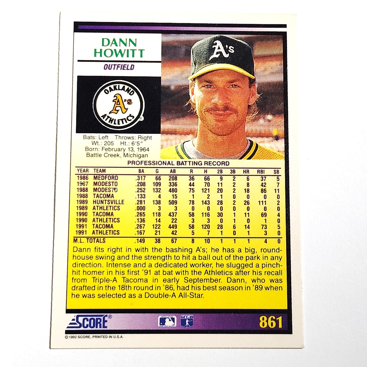 1992 Score Dann Howitt RC #861 Oakland Athletics OF Rookie Prospect Card NM