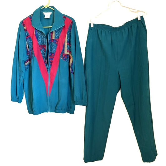 Vintage Blair Boutique 2PC Teal Green Windbreaker Track Suit Size L 80s
