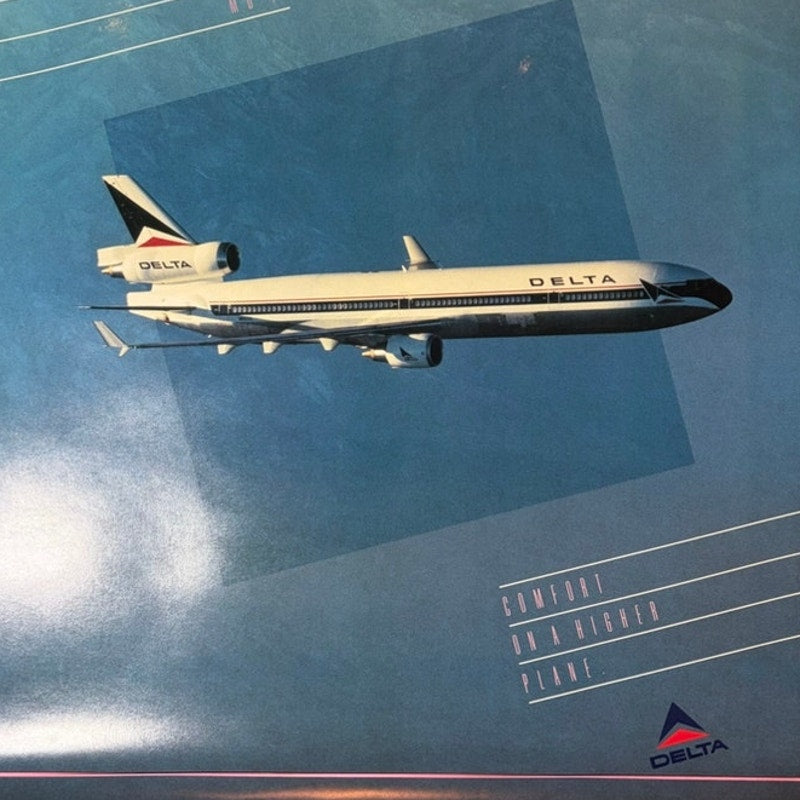 Vintage Delta L-1011 Plane Poster "Comfort on a Higher Plane" 1990s Blue 22x18"