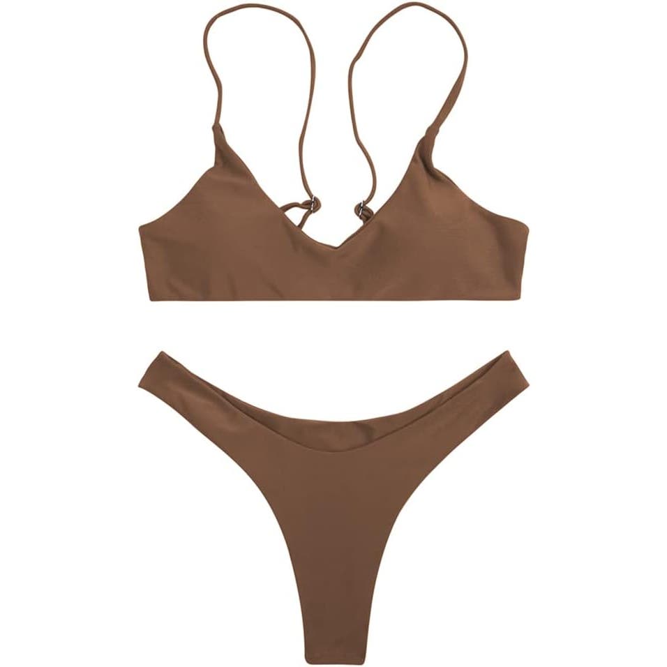 SherryDC Solid Scoop Neck Push up Padded Brazilian Thong Bikini, Brown, L