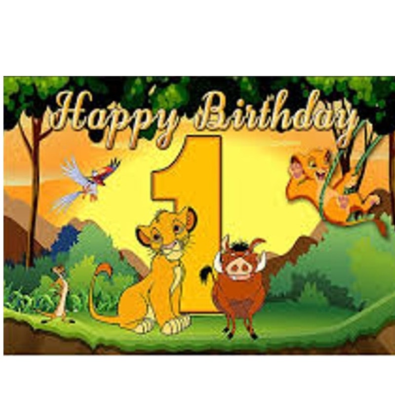 First Birthday Backdrop 3' x 5' w/ Lion Cub, Meerkat, Warthog, and Hornbill