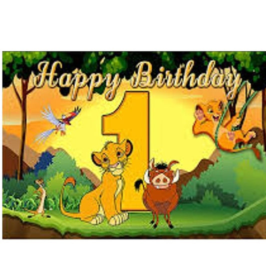 First Birthday Backdrop 3' x 5' w/ Lion Cub, Meerkat, Warthog, and Hornbill