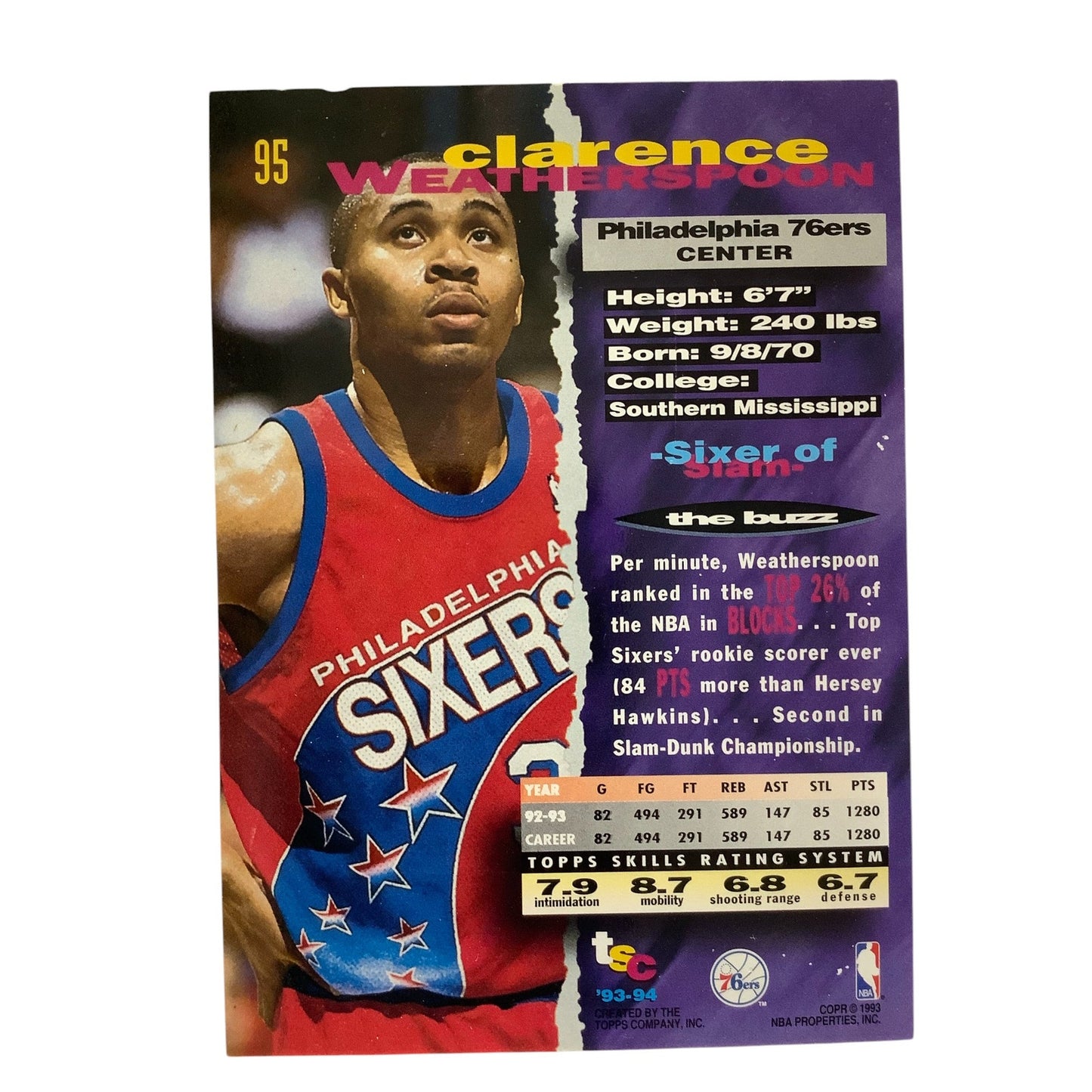 Clarence Weatherspoon, 76ers, 1993 Topps Stadium Club Collector's Card 95, EXC