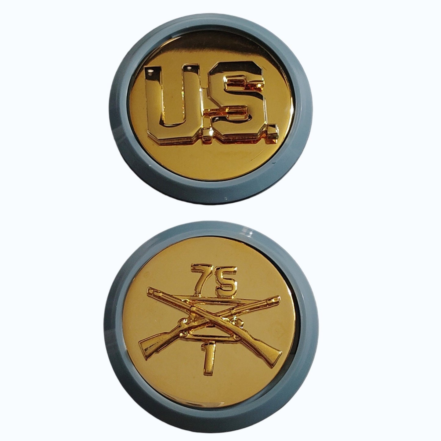 1st Bn, 75th Ranger Regt & U.S. w/ Light Blue Disc Trim Novelty Lapel Pin Set