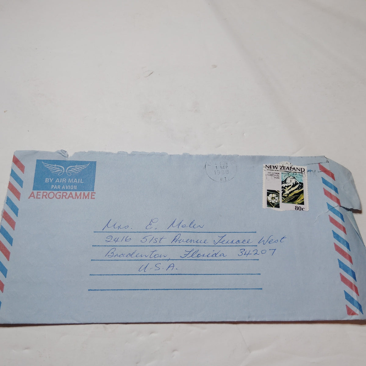 1988 New Zealand Aerogramme 80c Mt Cook Stamp Air Mail Postmarked Cover