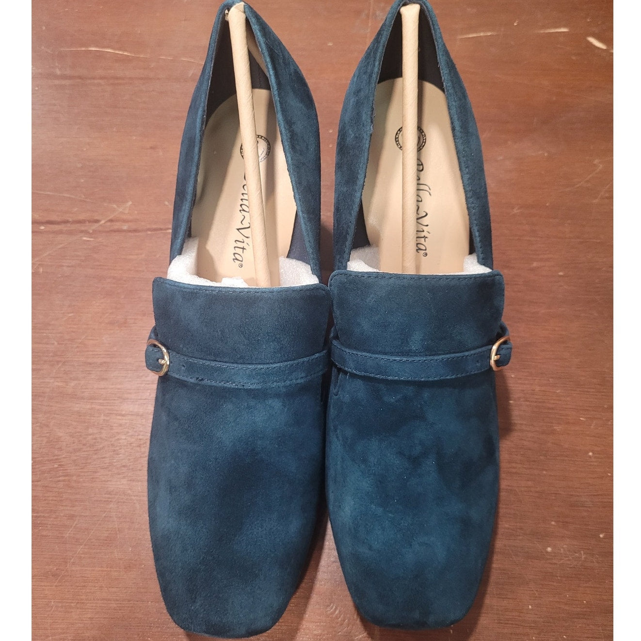 Bella Vita Ashton Pump – Navy Suede Leather, Womens 9 XW, Block Heel Square Toe