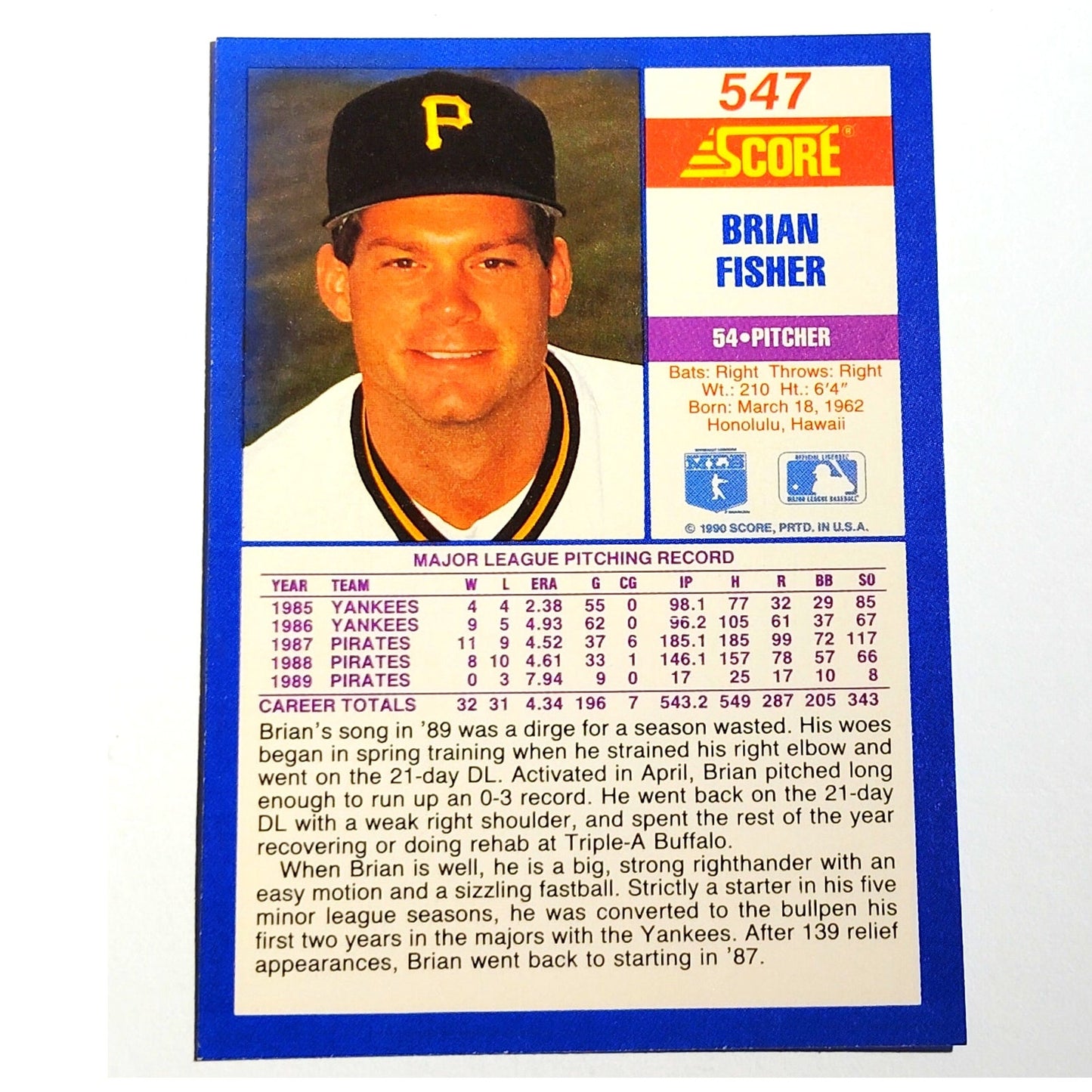 1990 Score Brian Fisher #547 Pittsburgh Pirates Pitcher MLB Baseball EX
