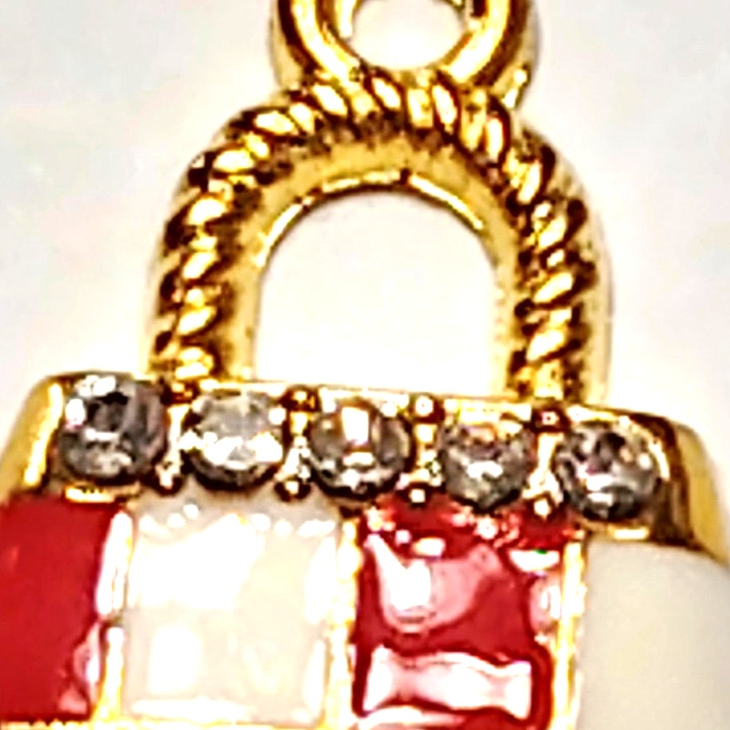 Red Checkered Purse Charm Enamel Gold‑Tone with Rhinestones 5/8" Pendant