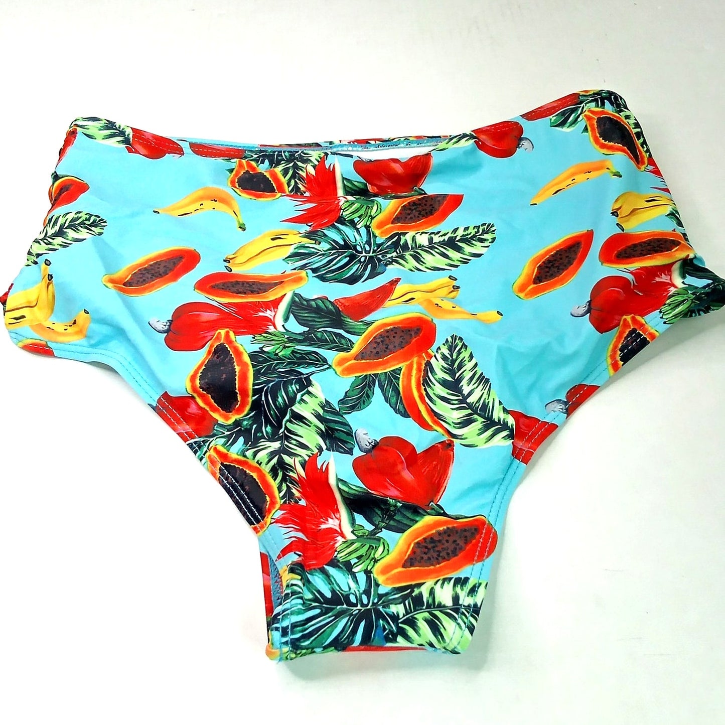 Sporlike Tropical High Waisted Bikini Bottom Medium Blue Fruit Print Swim NWOT