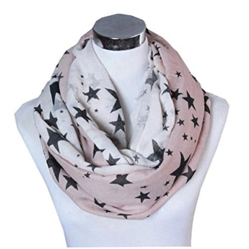 Lucky Leaf Infinity Scarf 2‑Tone Stars Lightweight Semi‑Sheer ODG/Tan 34" × 37"