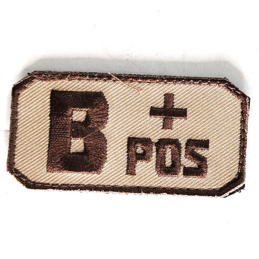 Large B+ POS Blood Type Patch Embroidered Brown on Tan 2‑1/2" × 1‑1/8" Hook Back
