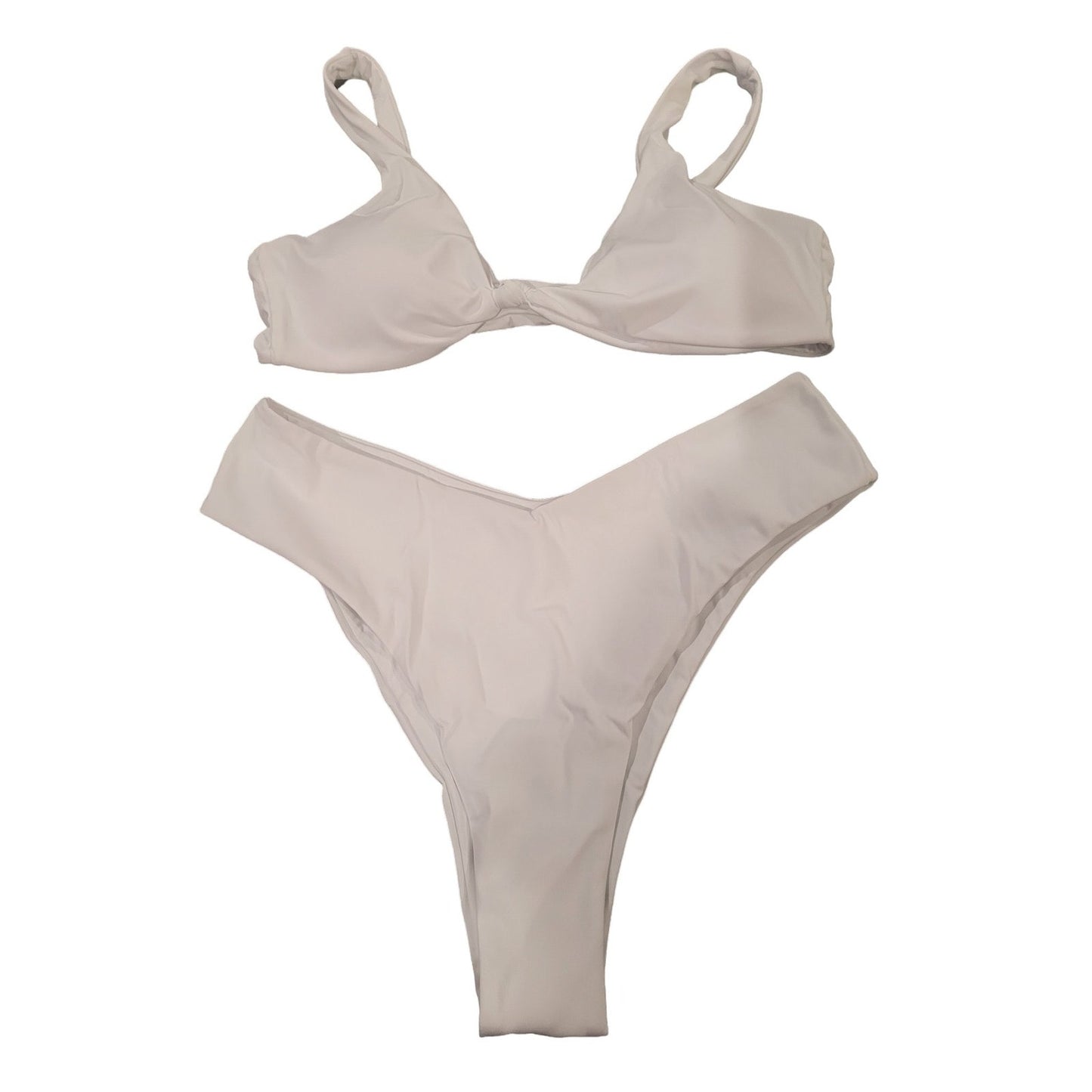 Geluboao Bikini Set, V Neck Knot Front Push Up High Leg Thong, White L (12-14)