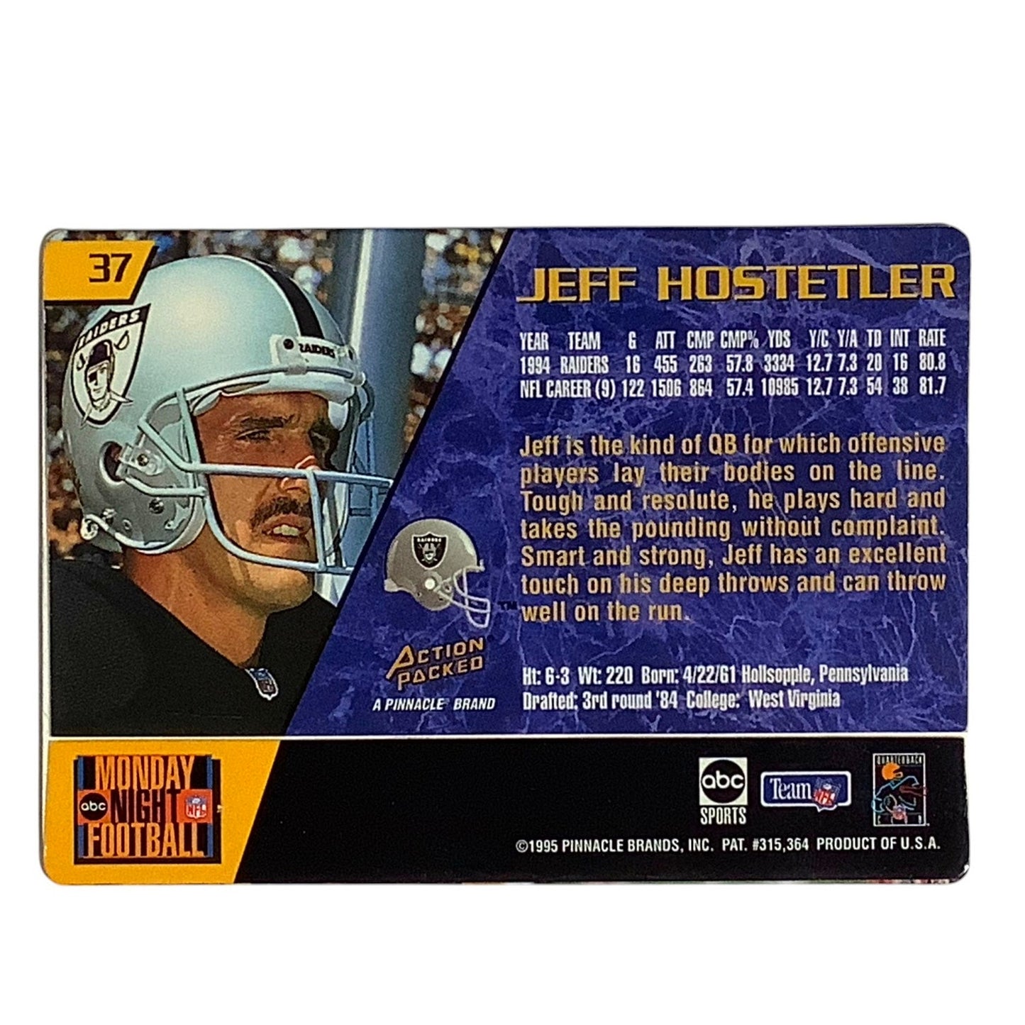 Jeff Hostetler, Raiders, NFL 1995 Pinnacle Monday Night Football Card 37, EX/NM