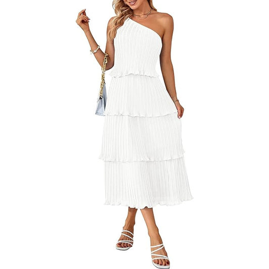Summer One-Shoulder Sleeveless Pleated Ruffle Tiered Layered Chiffon Party Dress