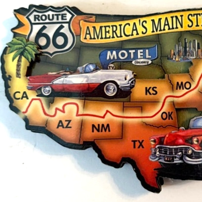 Route 66 America’s Main Street 3D Resin Map Magnet Cars Gas Pumps 4.25x2.5