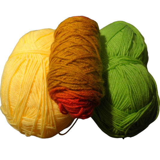 2.5 Skeins of Yarn, Lime Green, Pastel Yellow and One Multi-Mustard/Orange/Red