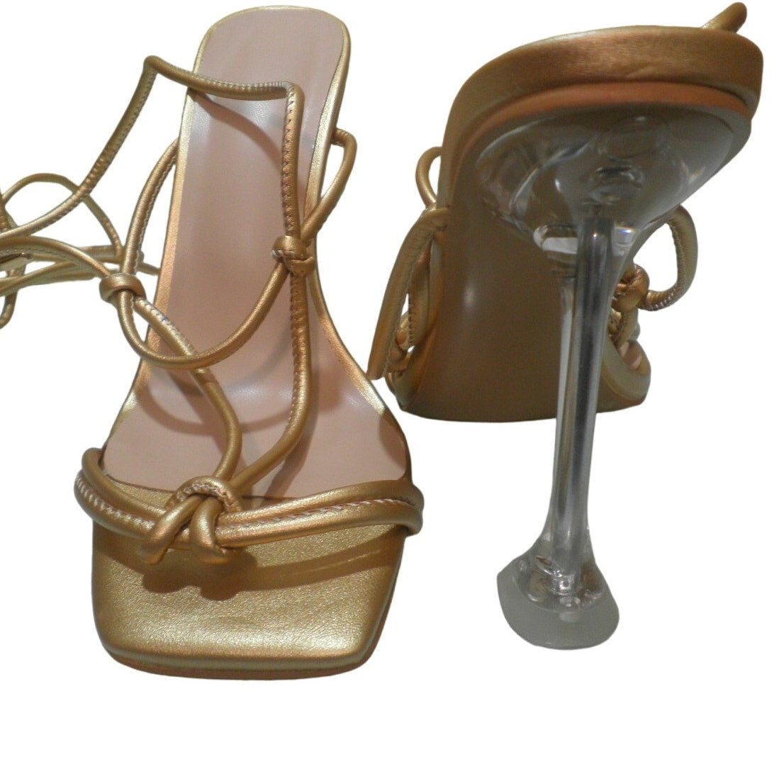 Gladiator High Heels Clear Heel Square Toe Lace-up Slingback Strappy Stiletto, 8