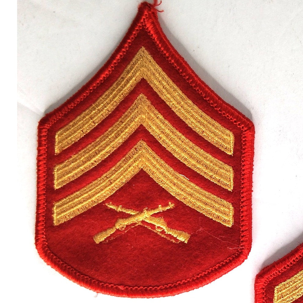 USMC Sergeant E‑5 Chevrons Pair Gold on Red Female 3‑1/2" × 2‑3/4" Sew‑On