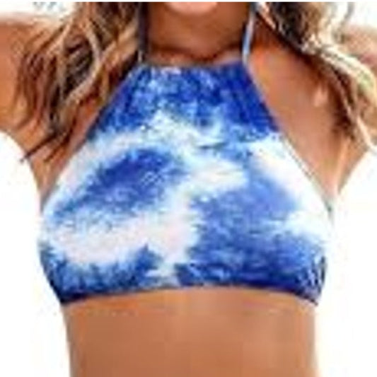 Naggoo Blue White Tie Dye High Neck Halter Bikini Top Women’s Small (US 4)
