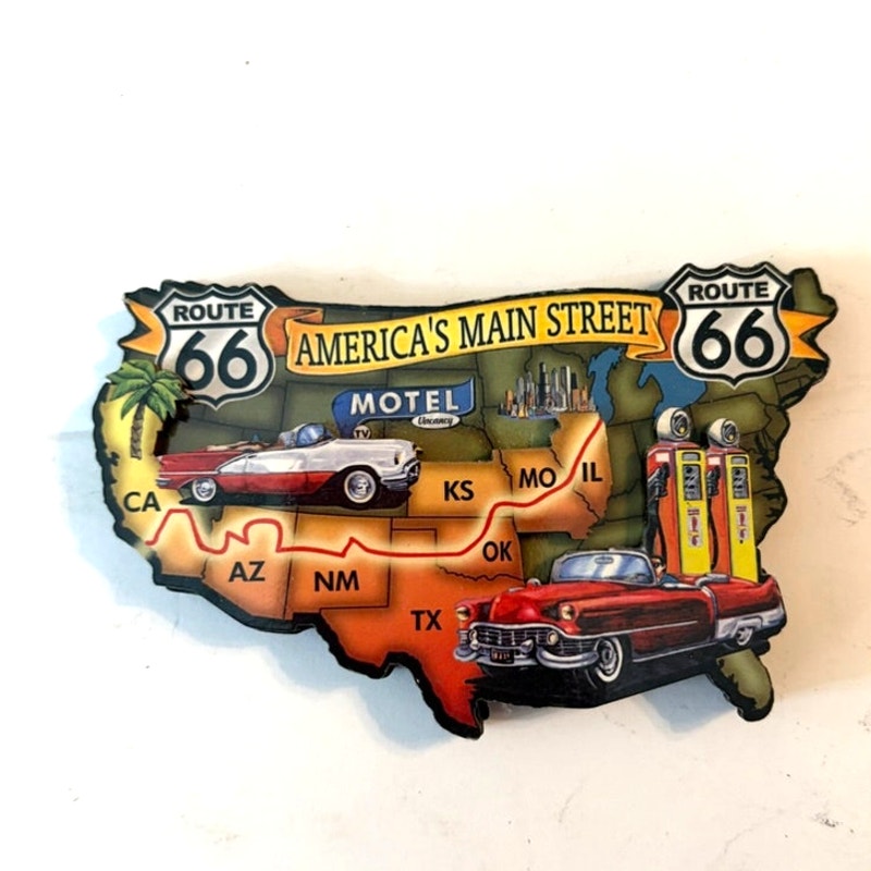 Route 66 America’s Main Street 3D Resin Map Magnet Cars Gas Pumps 4.25x2.5
