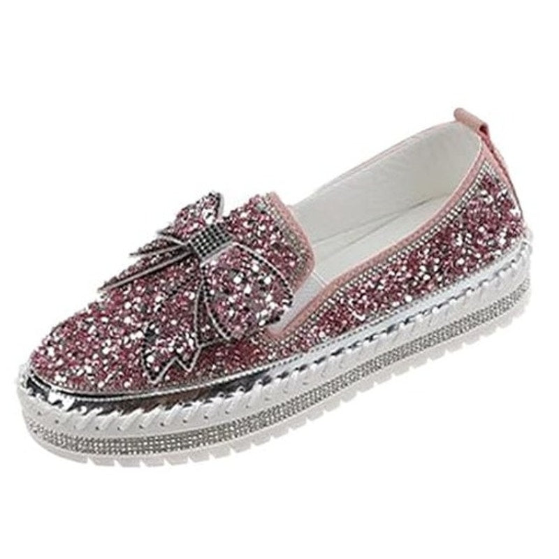Angry Monkey Women's Rhinestones Glitter Slip-On Sneakers, Cute Bow Comfort Platform Walking Flat Loafer Stitch Casual Shoes, Pink,11
