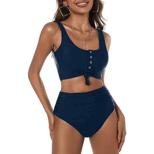 ZAFUL High Waisted Bikini Scoop Neck Swimsuit Two Pieces Dark Blue XL (12-14)