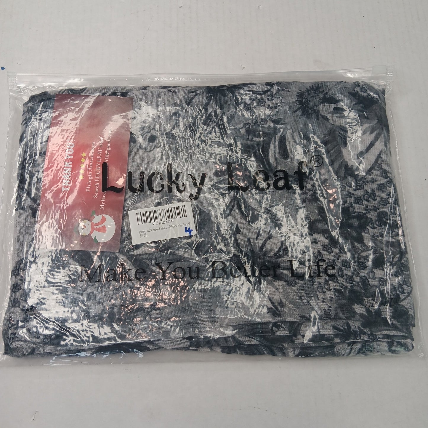 Lucky Leaf Infinity Scarf Lightweight 100% Viscose Black & White Floral