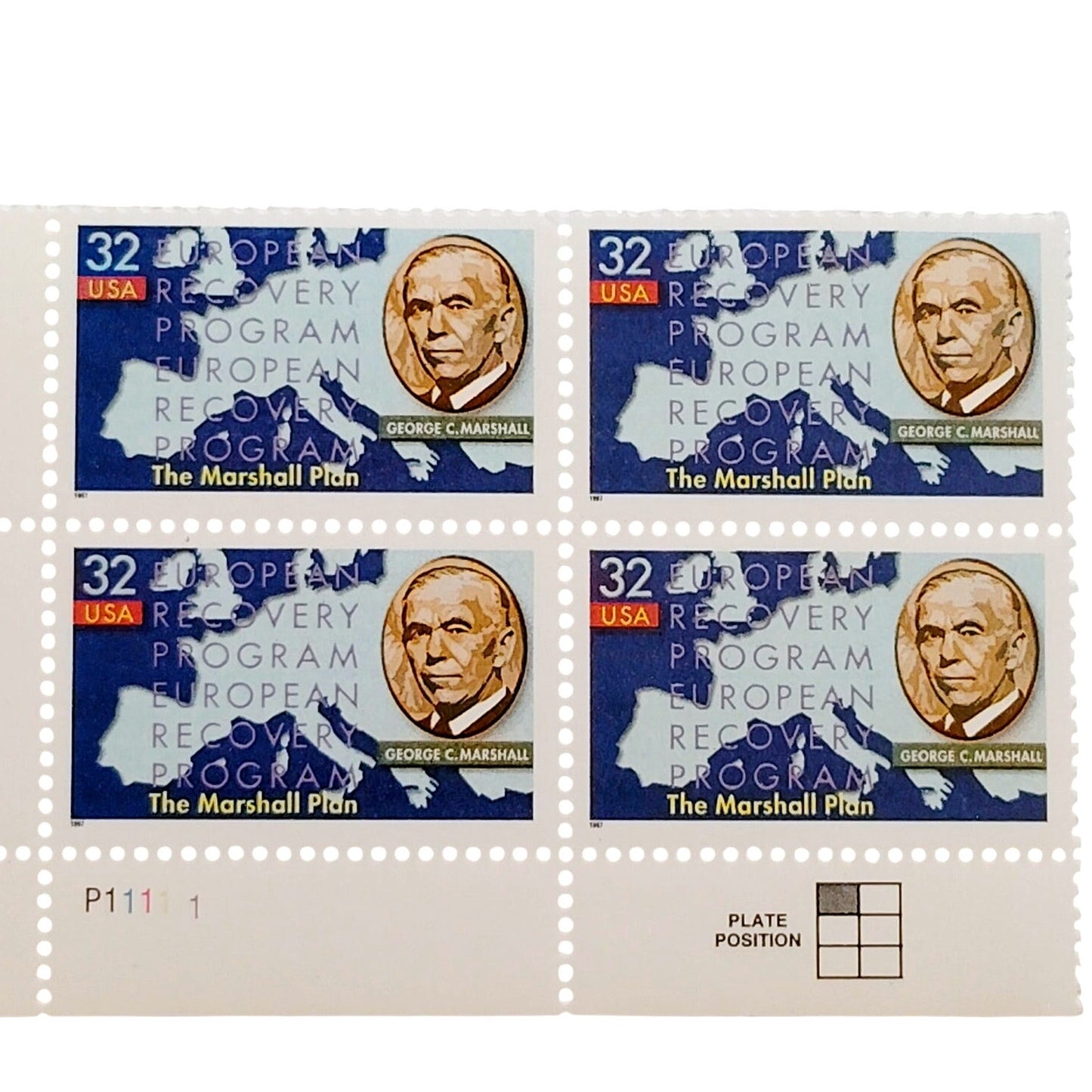 Block of 4 – 1997 USA 32¢ Marshall Plan MNH Scott 3141 Plate Block