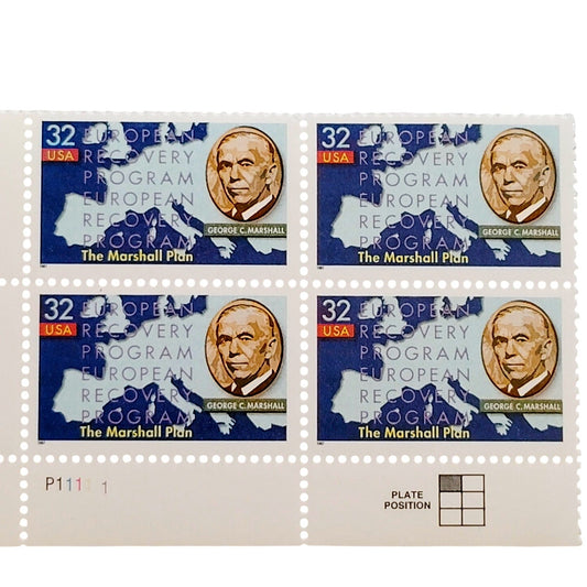 Block of 4 – 1997 USA 32¢ Marshall Plan MNH Scott 3141 Plate Block