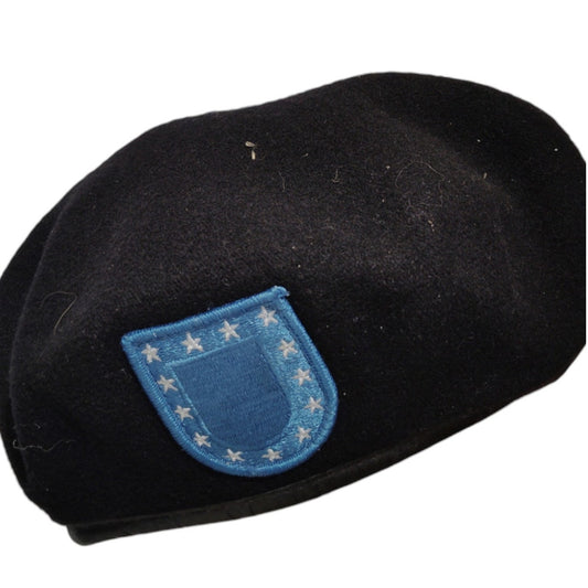 Army Beret Cap, Black, Size 6-3/4 w/ Army Blue Flash Patch, DSCP Garrison Collection, 100% Wool, EUC