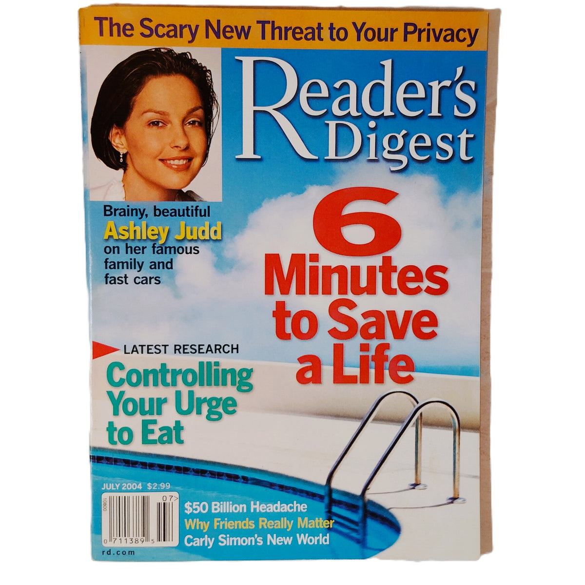 Reader's Digest July 2004 Magazine Ashley Judd Cover 6 Minutes to Save a Life