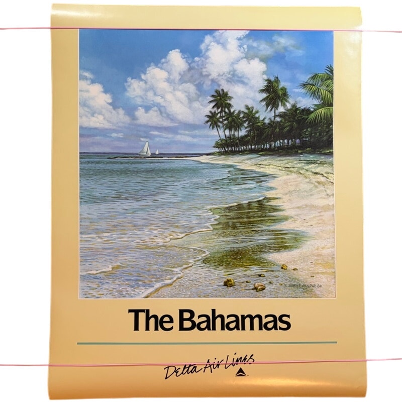 Original VTG Delta Air Lines The Bahamas Travel Poster 1986 Brent Cotton 28"x22"
