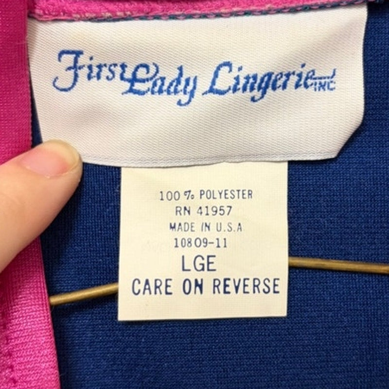 VTG First Lady Lingerie Vintage Fleece Nightgown - Navy Pink Trim Size L