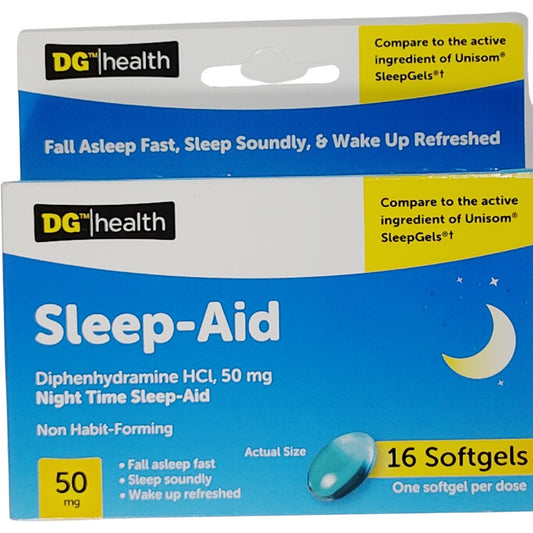 DG Health Sleep-Aid – 50mg Diphenhydramine – 16 Softgels – Exp. 12/2026