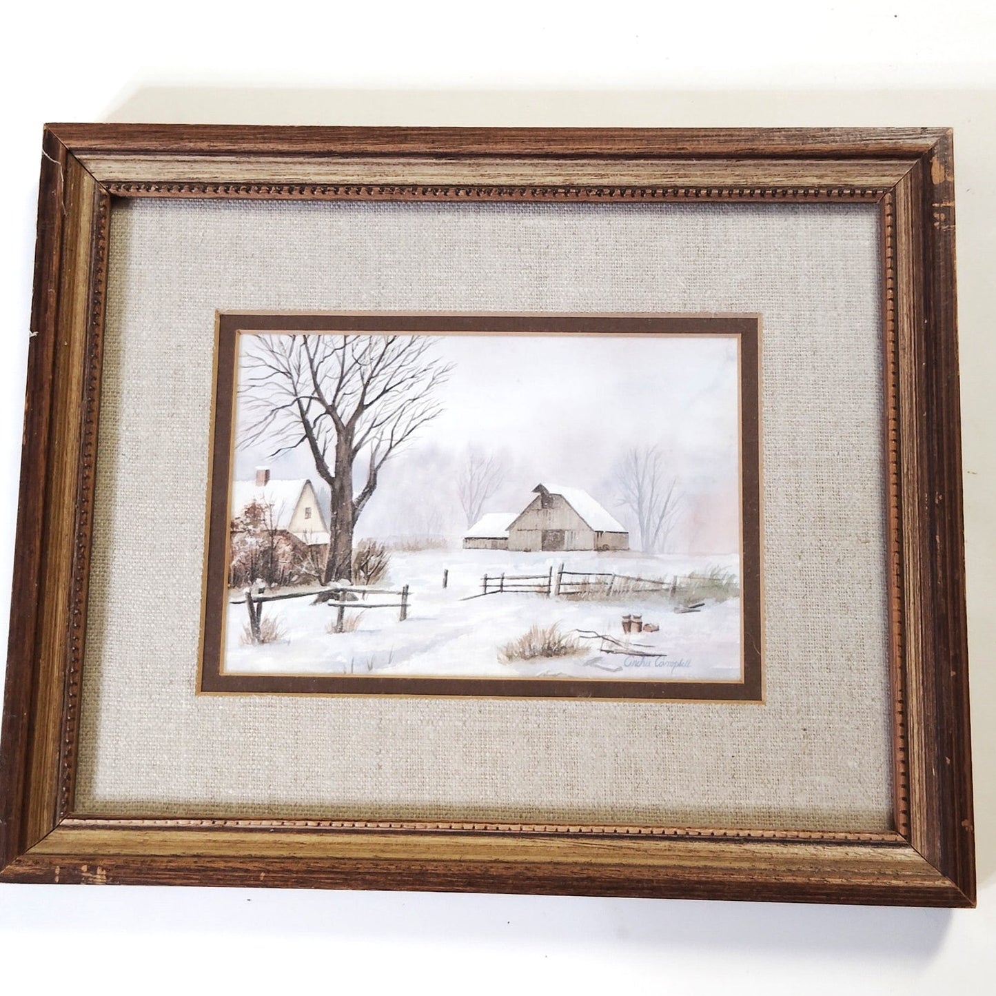 Signed Archie Campbell Framed Winter Landscape Print Rustic Barn Farmhouse Scene
