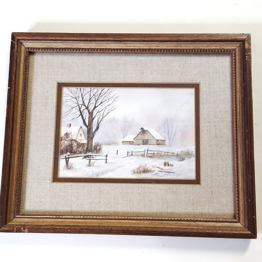 Signed Archie Campbell Framed Winter Landscape Print Rustic Barn Farmhouse Scene