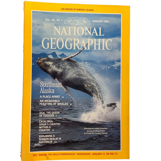 National Geographic January 1984 -Catalonia, The Queen of Textiles, Sunken Realm of Australia, Southeast Alaska, Whales...