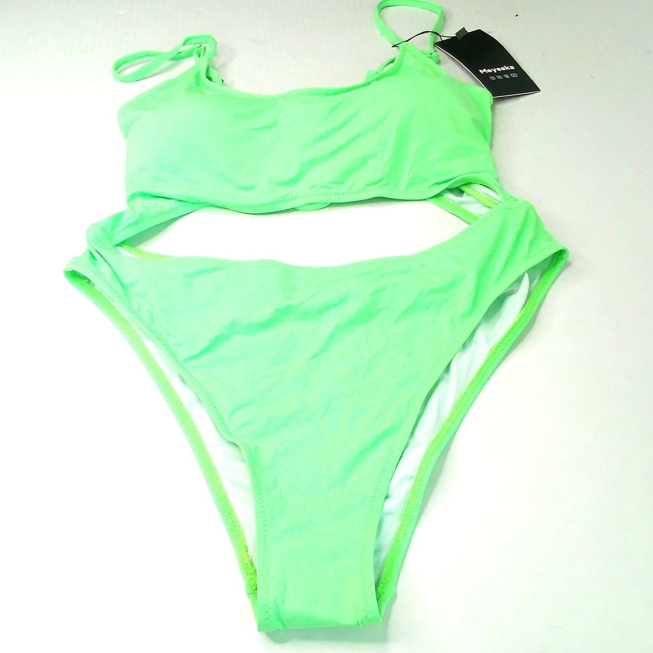 Meyeeka Neon Green Cutout Lace Up Back One Piece Swimsuit Women’s Large NWT