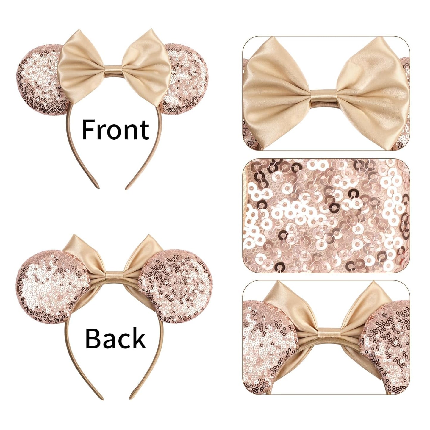 Champagne Glitter Mouse Ears Headband w/ Luxe Satin Bow For Teens or Adults