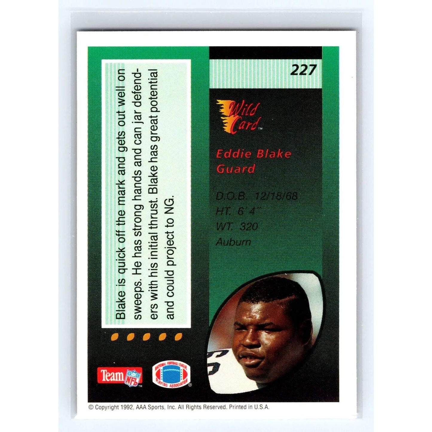 1992 Team NFL, AAA Sports, Inc., Wild Card Eddie Blake #227 Rookie RC